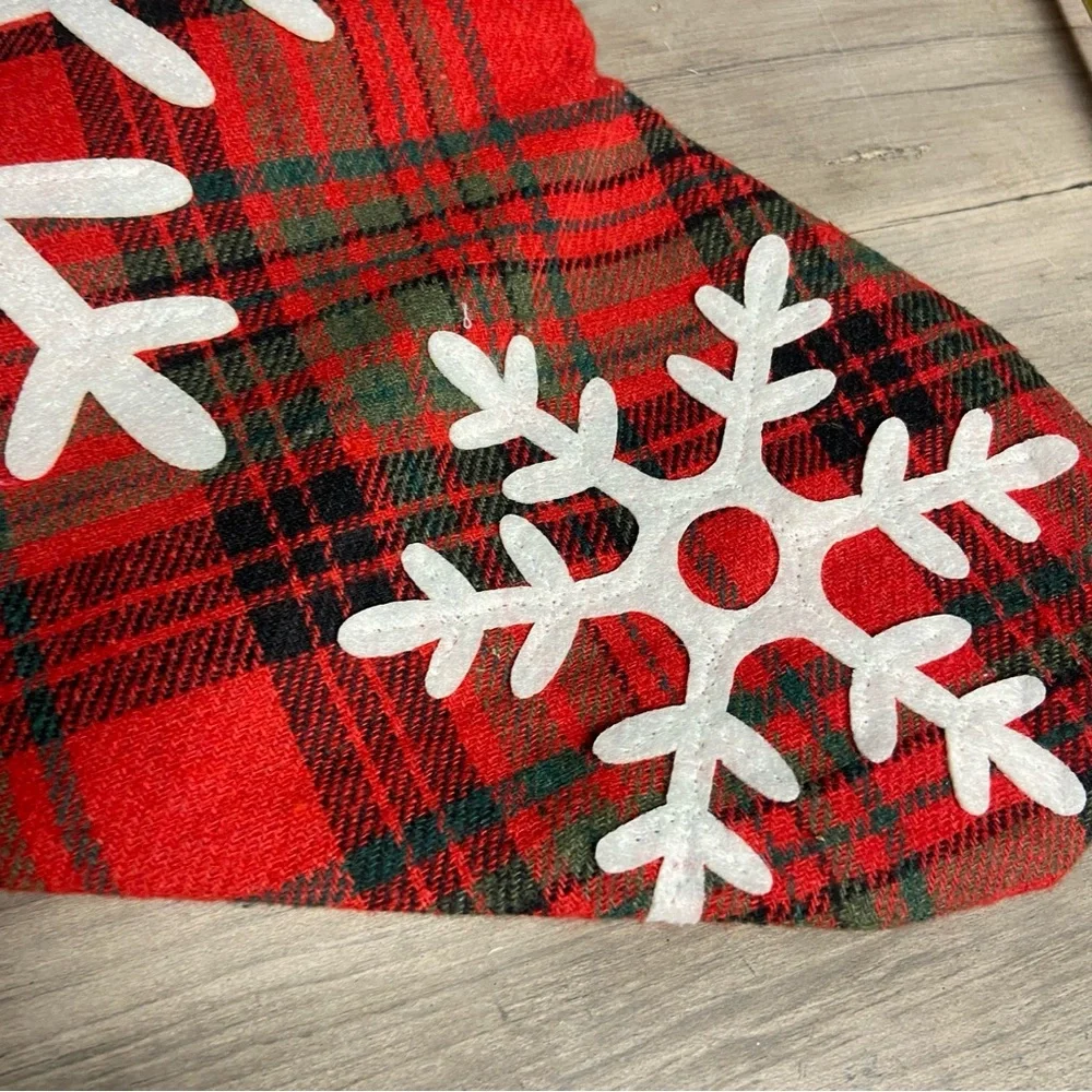 Christmas Stockings Set of 2 Red Gray Fuzzy Top Snowflake Pattern Hanging Plaid‎